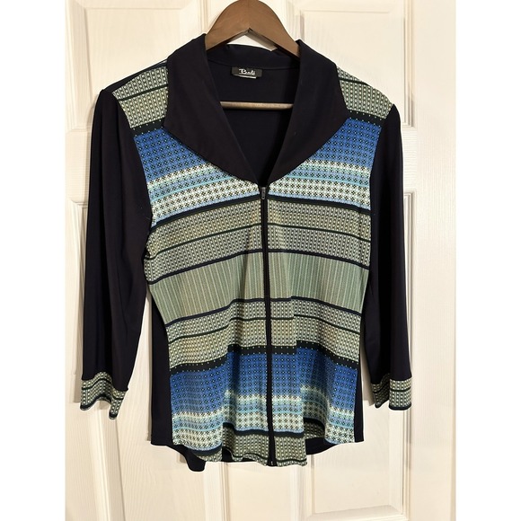 Bali Corp Tops - Bali Corp Women's Zip Front Geometric‎ Print Top Navy Blue Multi Size Medium